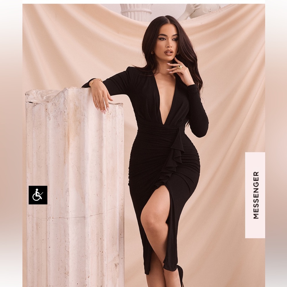 MIRA BLACK DEEP PLUNGE MIDI DRESS - Picture 8 of 15
